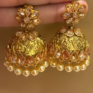 Gold and Pink Floral Jhumka Earrings